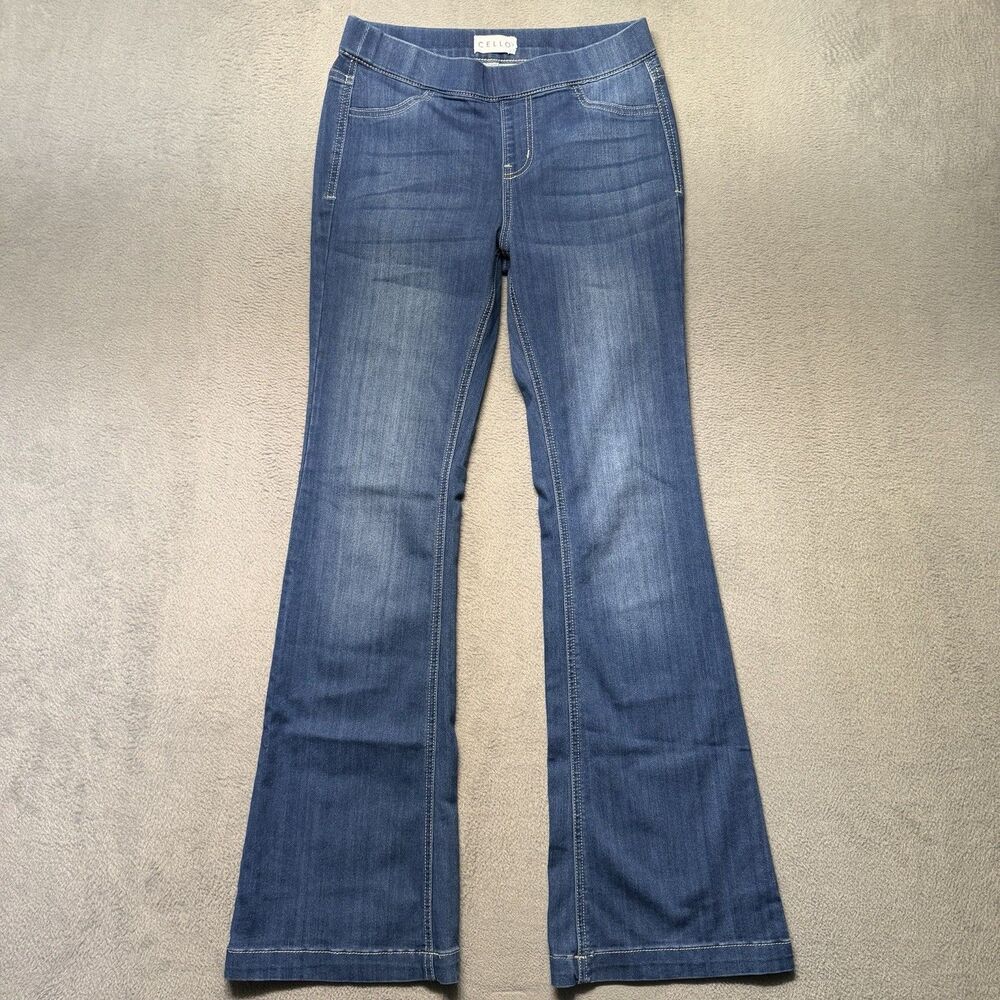 Cello Womens Small Pull On Jeans Blue Flare Leg Stretch Elastic Waist Mid Rise